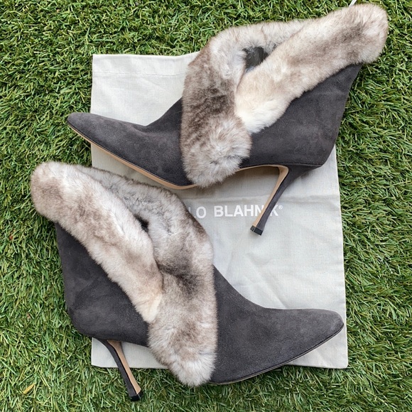 Manolo Blahnik Shoes - Manolo Blahnik Nesta Rabbit Fur Trim Bootie